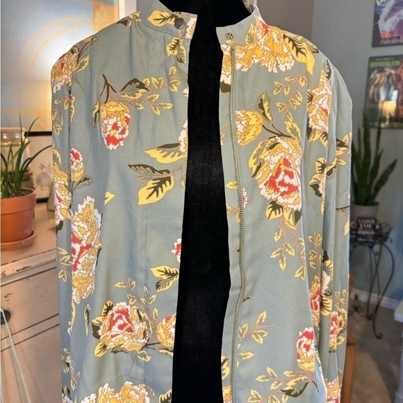 DG2 Donna Gilman S Zip Blouse Multicolor Gray Floral Long Sleeve Mock Neck Lined - Picture 3 of 13